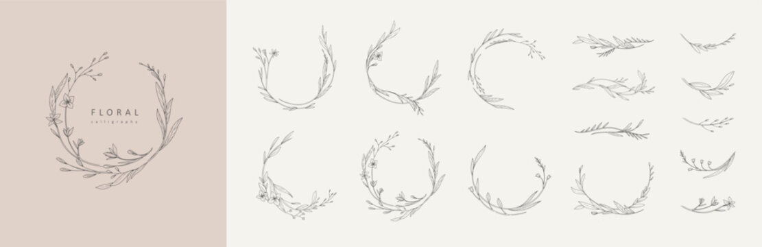 Set of elegant calligraphic botanical design elements, floral frame and graceful branches. Wedding wildflowers for invitation save the date card. Botanical feminine rustic vector illustration