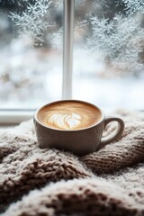 A cozy gray cup of latte with art sits on a soft knitted blanket by a snowy window, evoking warmth and comfort.