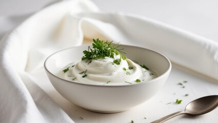 Fresh bowl of sour cream garnished with herbs on a clean background.