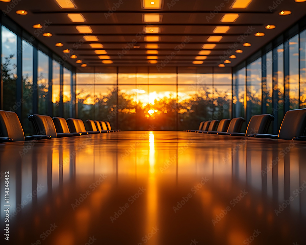 Poster sunset view from a modern conference room with empty chairs around a large table.