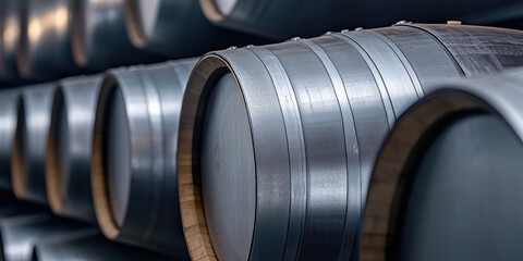 Steel tank barrels line up in a row, brewery or wine cellar, manufacturing process of alcohol production, copy space background