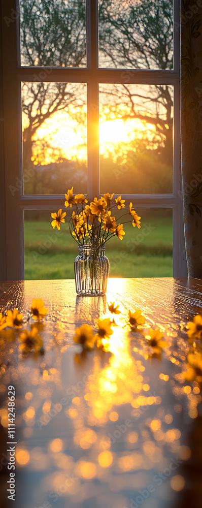 Aufkleber sunset view through window with flowers on table.