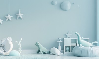 A light blue nursery with a plush toy seal. a rabbit. and a star on the wall