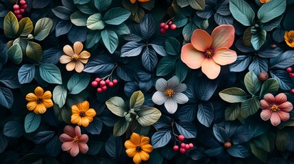 Fototapeta premium botanical, flowers, nature, dark background, floral pattern, artistic design, greenery, elegance, soothing colors, abstract