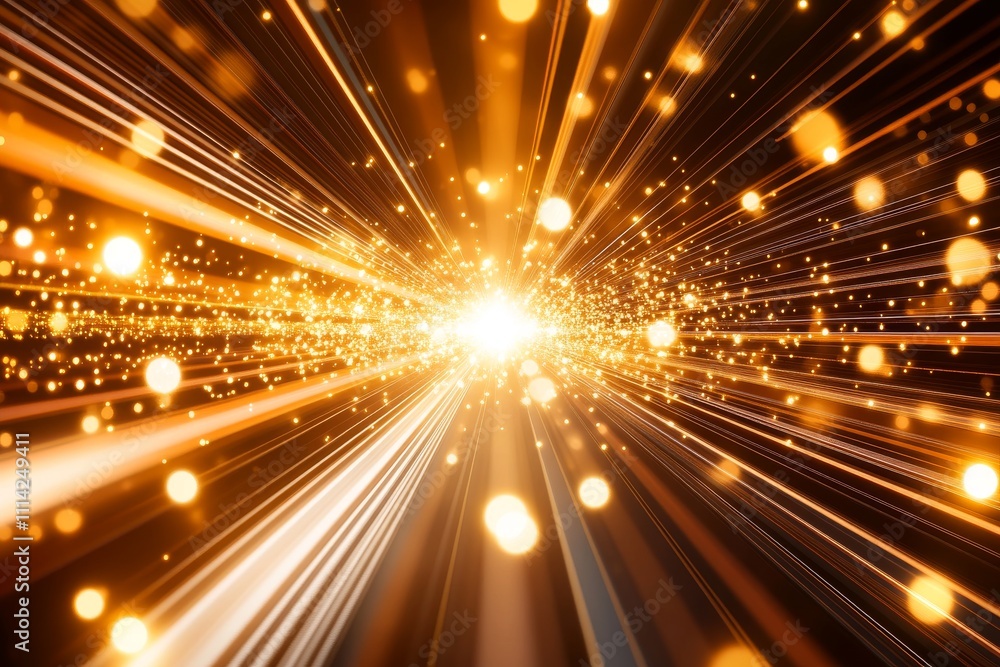 Poster dynamic explosion of golden light particles creating a mesmerizing effect with radiant beams extendi