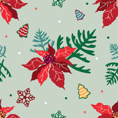 Seamless pattern Christmas flower poinsettia. Red flower, Christmas star. Design for fabric, paper, wrapping paper.