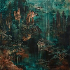 Ethereal teal forest landscape painting.