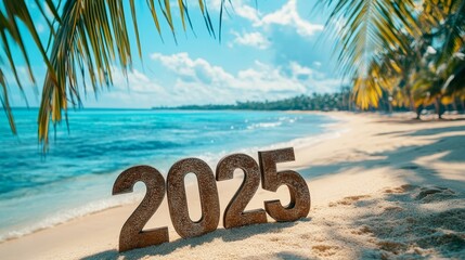 2025 Numbers On Tropical Summer Beach Island Under Palm Trees, New Year Travel Concept
