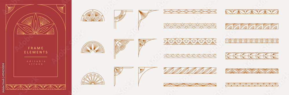 Wall mural frame constructor of boho geometric design elements. simple corner, wreath and seamless borders for 