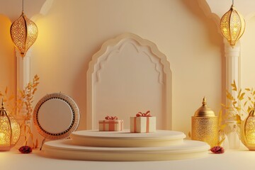 Islamic ramadan greeting background with arabic lantern, gift box, traditional drum, and round podium with mosque ornament - 3d Rendering 