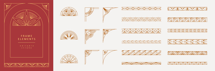 Frame constructor of boho geometric design elements. Simple corner, wreath and seamless borders for book covers print, social media and packaging or wedding greeting card. Vector illustration