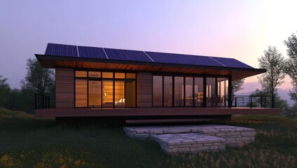 Obraz premium 3D Rendering of Eco-Friendly Wooden House with Solar Panels, Large Windows, Spacious Balcony, and Warm Interior in Nature at Dusk