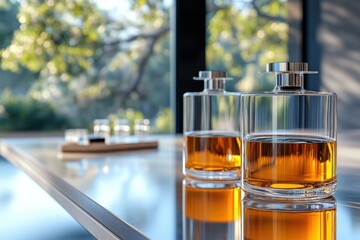 Elegant whiskey bottles on a stylish countertop in a modern home capturing luxury and design aesthetics