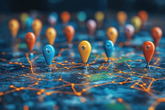 Colorful pins on world map representing network connections