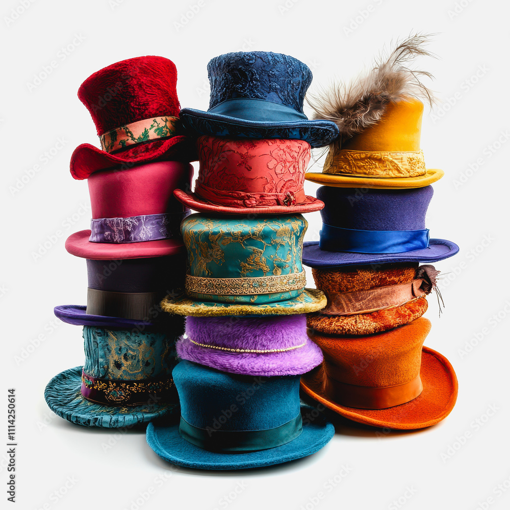 Poster a colorful collection of vintage top hats stacked creatively with various textures and patterns on a