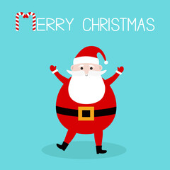 Merry Christmas. Santa Claus standing and holding hands up. Red hat, costume, round beard. Cute cartoon kawaii funny character. New Year. Childish style. Greeting card. Isolated Blue background Vector