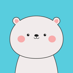 Cute polar bear face head. Black contour doodle silhouette. Kawaii animal. Cartoon funny character. Funny bear with pink ears, cheeks. Love Greeting card. Flat design. Blue background. Vector