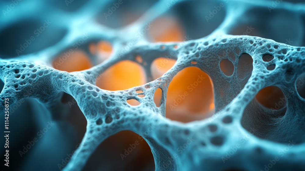 Poster abstract cellular structure with glowing details in blue and orange tones for science visuals
