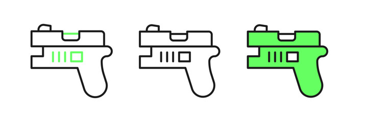 Set line Futuristic space gun blaster icon isolated on white background. Laser Handgun. Alien Weapon. Vector