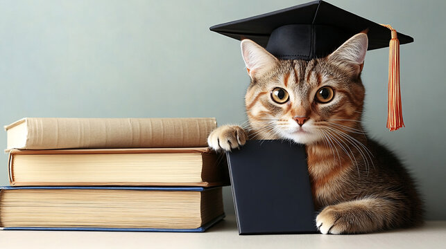 A playful cat wearing a graduation cap poses beside books, symbolizing education and achievement in a lighthearted manner.