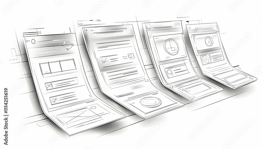 Aufkleber web page design sketches, wireframes, user interface mockup.