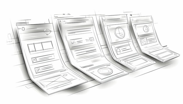 Web page design sketches, wireframes, user interface mockup.