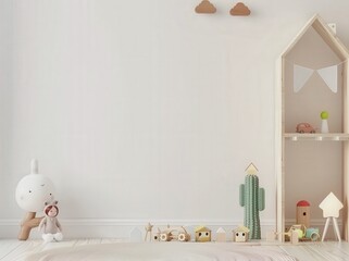 Minimalist nursery interior with wooden toys and a white wall