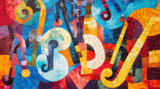 Colorful mosaic with a music theme, using bright colors to depict instruments and notes in a lively pattern. Mosaic. Illustration