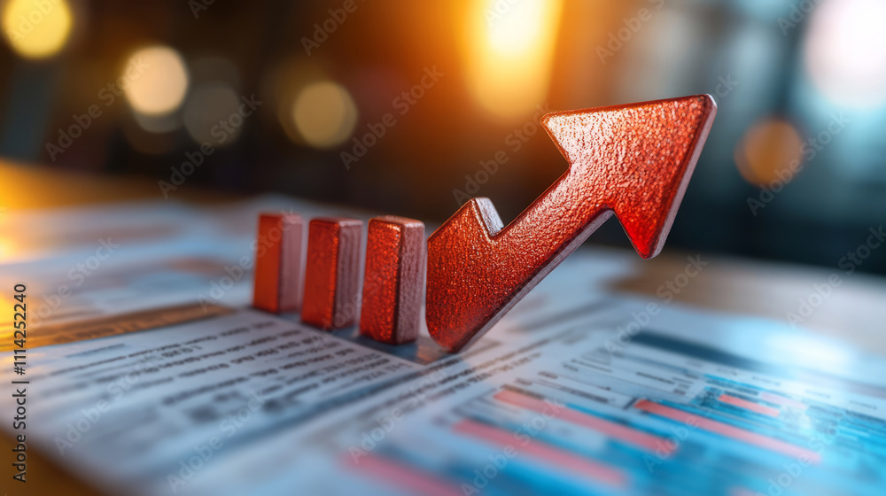 Aufkleber red arrow graph rising on financial report with blurred background of bokeh lights