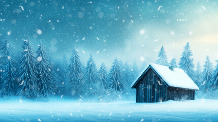 Naklejka premium Cozy Wooden House Surrounded by Snowy Pine Trees in Winter Landscape with Falling Snow
