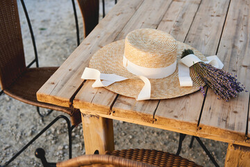 hat and lavender bouquet