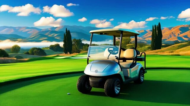 A golf cart on a lush, green golf course with rolling hills and mountains in the background, golf cart in cloudy sky, golf cart in olf course, created with generative ai
