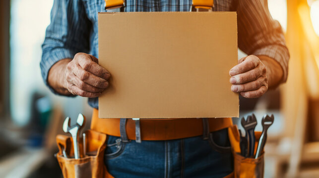 Skilled Worker Holding Blank Cardboard Sign in Workshop with Tools on His Belt