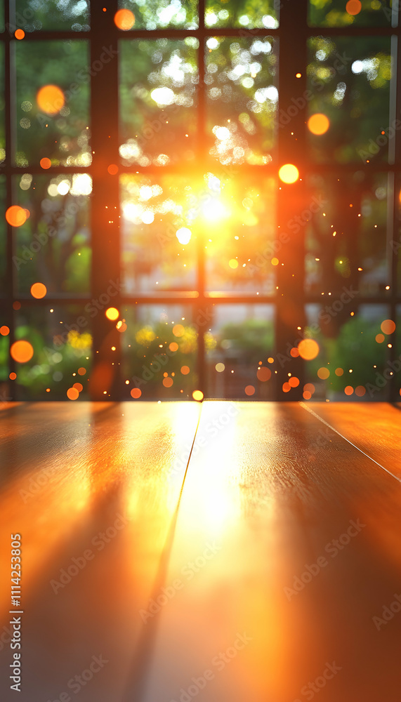 Poster sunlit wooden table near window with bokeh effect.