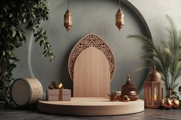 Obraz premium Islamic ramadan greeting background with arabic lantern, gift box, traditional drum, and round podium with mosque ornament - 3d Rendering 