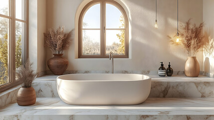 Fototapeta premium Sunlit minimalist bathroom with freestanding tub, marble counter, and dried flowers.