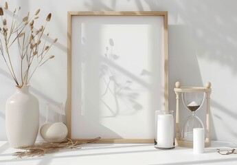 A minimalist home interior with a blank frame. dried flowers. candles and an hourglass. bathed in natural light