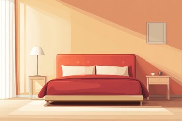 Minimalist Bedroom with Dark Pink Bed, Headboard, and Side Table. Beige Walls and Light Wood Floor.