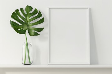 A single monstera leaf in a glass vase next to a white frame on a white shelf against a white wall