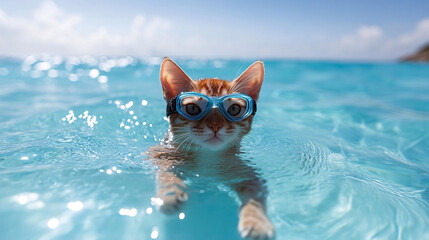 A playful cat wearing goggles swims in bright blue water under a clear sky, enjoying a fun day in the sun.