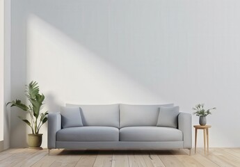 Fototapeta premium Minimalist living room interior with a grey sofa. wooden floor. and potted plants in front of a white wall with sunlight
