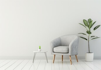 A cozy living room with a grey armchair. a side table. a potted plant. and a white wall