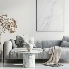 Minimalist living room with a gray sectional sofa. a marble coffee table. a white vase. and a large framed canvas print