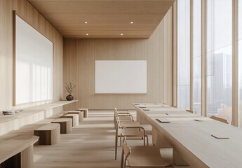 A warm-toned office with a city skyline view, featuring a conference room with a meeting table, blank whiteboard, and a focus on development planning, teamwork, and business financial strategies.