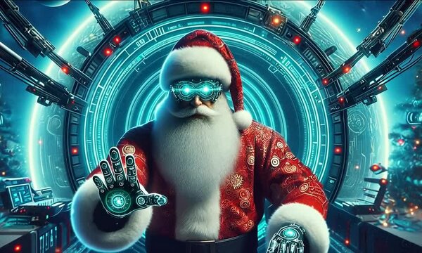 Santa Claus embraces the future with robotic enhancements in a vibrant holiday wonderland