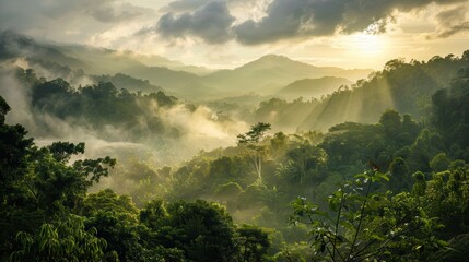 Obraz premium Slow cook rice for a tasty dish. Lush jungle landscape at sunrise