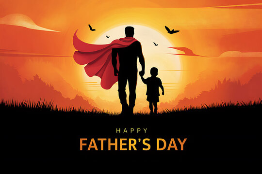 father's day greeting card with super dad and son characters on sunset background. happy fathers day isolated vector illustration cartoon backside view scene with dad and son dressed in superhero
