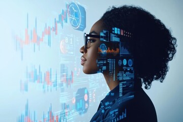 Data analysis innovation event a professional woman engaging with digital technology in a modern office environment