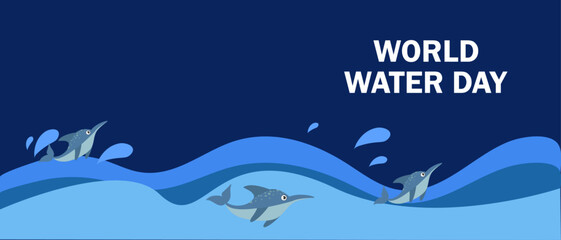 Illustration of World Water Day with three playful dolphins swimming in blue waves under a dark blue sky.