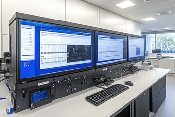 Advanced technology display system modern workspace digital equipment high-tech environment professional perspective data visualization